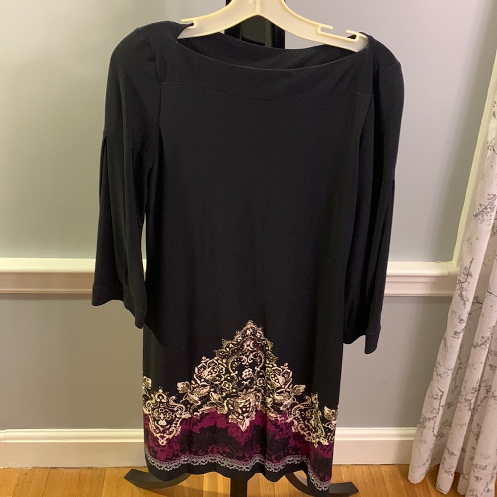 Black Shift Dress with Purple and White Detail. 3/4 Sleeves. Size 6.